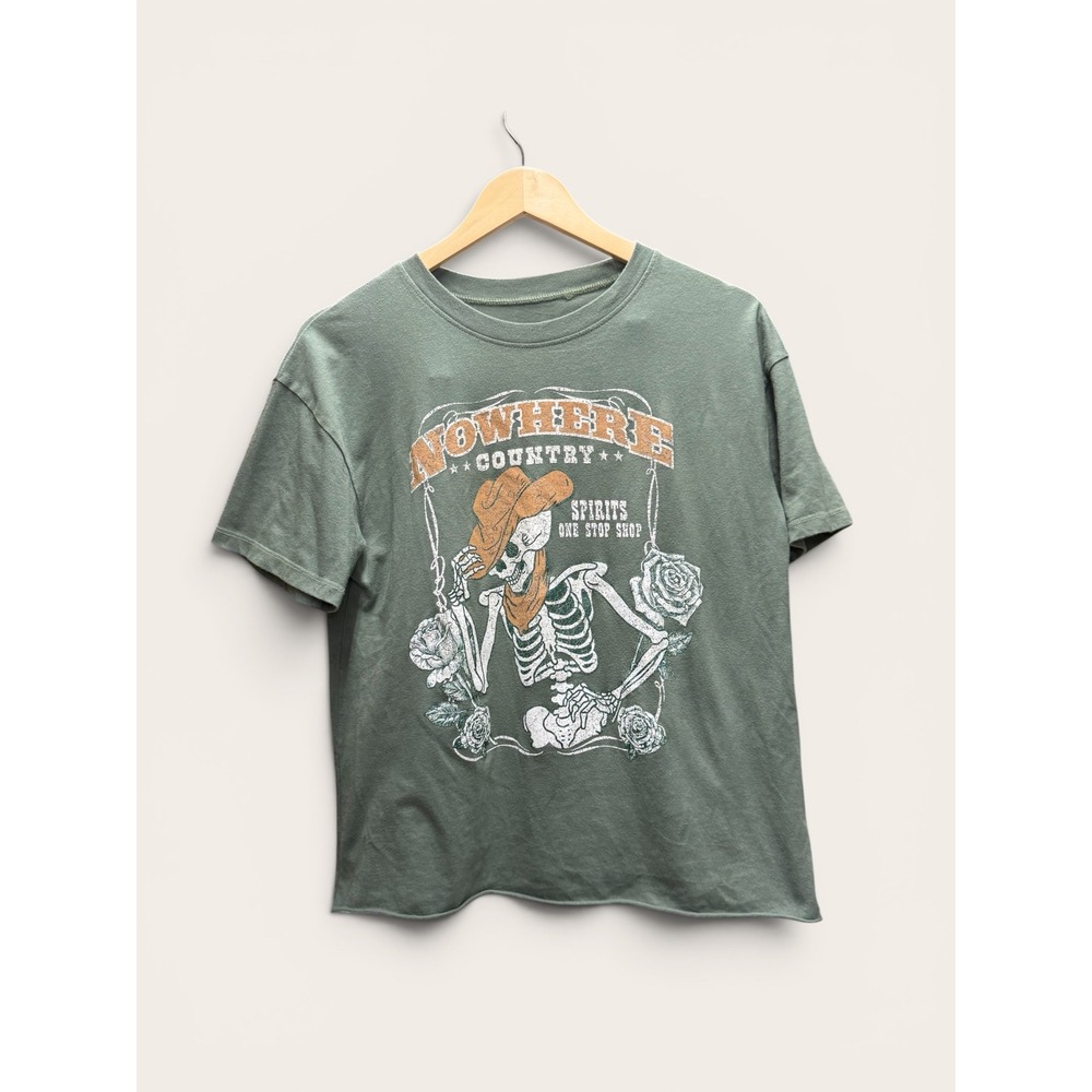 Awake Nowhere Country Skeleton Cowboy Graphic Tee Sage Green Raw Hem XL